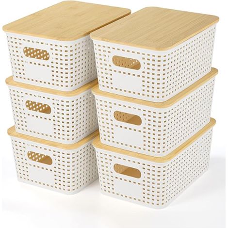 Boîte De Rangement En Plastique - Couvercle En Bambou - 26 L - Empilable Avec Poignées - Pour Bureau Cuisine Salle De Bain - Lot De 6 (1/5)