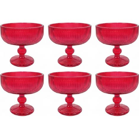 Set 6 Coppe Vetro Rosso con Piede 310 ml Coppette Gelato Macedonia Dolci Eleganti per una tavola di Natale Effetto rigato Eleganti per le Feste e Occasioni Speciali