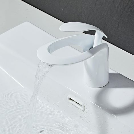 Robinet de salle de bain, blanc, mitigeur cascade pour lavabo de salle de bain (1/5)