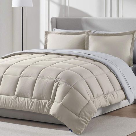 Parure de lit 7 pièces pour Grand lit – Couette réversible Beige pour Toutes Les Saisons – Parure de lit avec Drap Plat et Drap-Housse, taies d'oreiller et Couvre-oreillers (1/5)