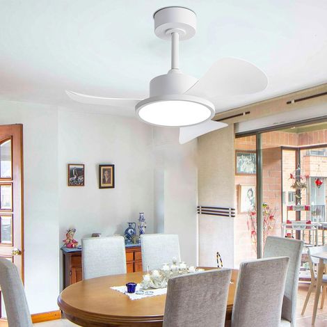 Ventilateur de plafond 76 cm avec lumière LED 40W, télécommande, interrupteur mural, 6 vitesses, 3 pales ABS, Blanc (1/5)