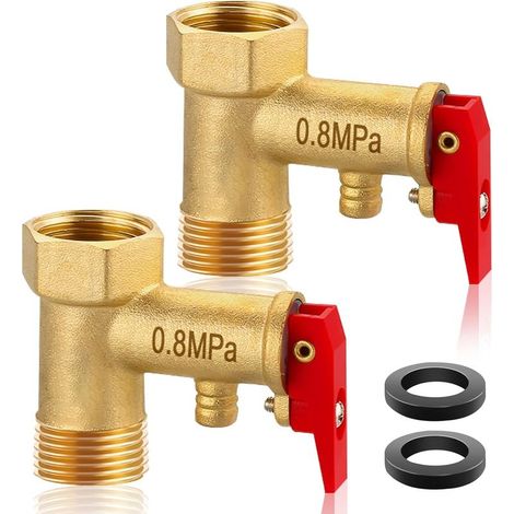 Lot de 2 soupapes de sécurité 1/2", 0,8 MPa en laiton, soupape de sécurité 1/2" IG x 1/2" AG pour chauffe-eau, membrane soupape de surpression d\'eau, soupape de surpression avec joint d\'étanché (1/5)