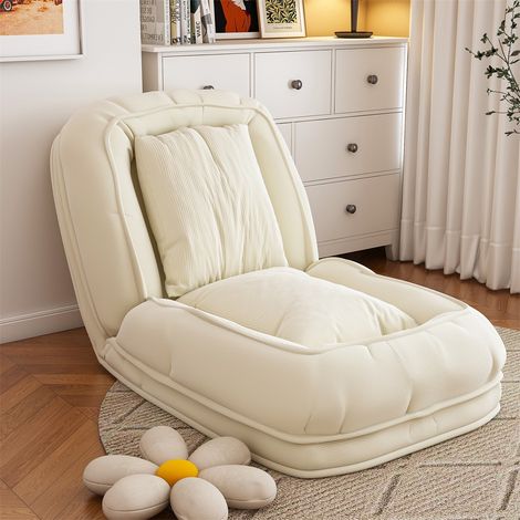 Chauffeuse Convertible 1 Place - 180x90x26cm - Matelas de Sol Pliant et Inclinable en Velours Côtelé avec 2 Coussins - Blanc Cassé (1/5)