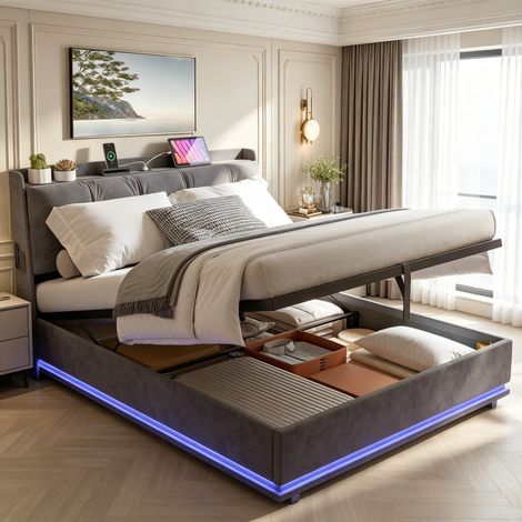 Lit rembourré avec coffre de rangement 140 x 200 cm – Bande LED sous le lit – Sommier à lattes – Velours – Convient aux adultes et aux adolescents –gris (1/5)