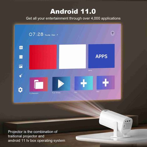 Projecteur avec décodage 4K 1080P WiFi6 BT5.4 pour système Android 11 Affichage 100 pouces Même technique d'écran Film rotatif à 180° Haut-parleur intégré (1/5)