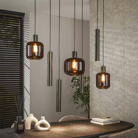 Suspension verre & métal – globes bruns + tubes bronze NOVA (1/5)