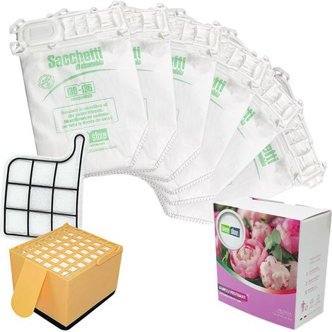 Sacchetti folletto vk 135-136 6 pz + granuli profumati peonia + filtri compatibili (1/2)
