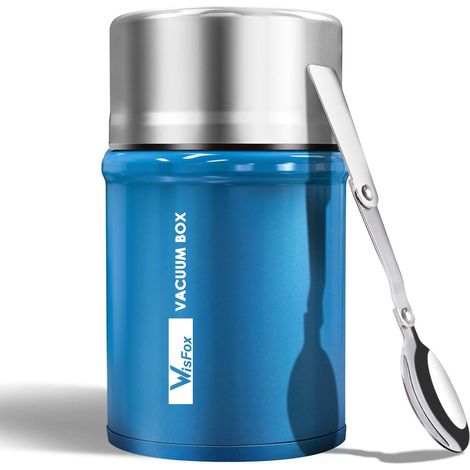 Boîtes Alimentaires Isothermes, Boîte Rangement Portable Boîte Conservation Alimentaire en Acier Inoxydable 304 Avec Cuillère Pliante et Brosse éponge, 750 ml Bleu (1/4)