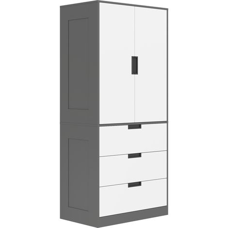 Armario de dormitorio con 2 puertas de cierre suave, 3 cajones y barra para colgar ropa, 80 x 50 x 180 cm, gris y blanco.