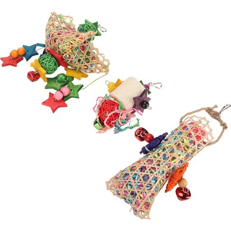 Lot de 3 jouets à mâcher en bambou et rotin pour perroquets, adaptés aux pinsons, perruches ondulées et calopsittes. (1/5)
