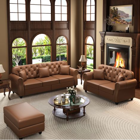 Ensemble de canapés Chesterfield 5 places avec pouf, 2 et 3 places, similicuir marron OKMYHOME (1/5)