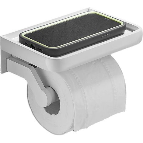 Porte-rouleau de papier toilette, porte-papier toilette blanc Space avec étagère, rangement pour rouleau de papier toilette, en aluminium (1/5)