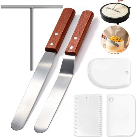 6PCS Patisserie Spatule Coudée Inox Rateau Crepe, Grattoir à Pâte Plastique (1/5)