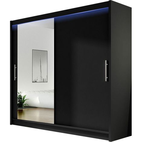 Armario Closico 107, Negro, 215x180x58cm, Puertas de armario: Correderas, Número de estantes: 5, LED (1/4)