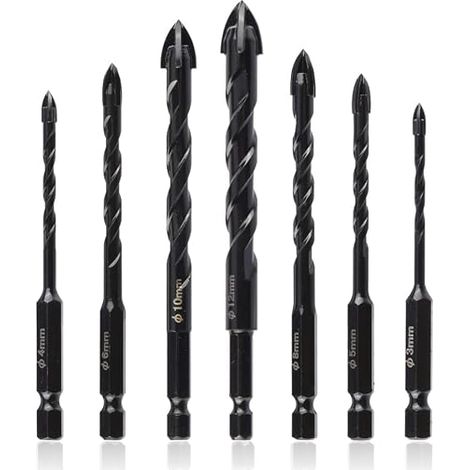 Mesee 7-teiliges Hartmetall-Spiralbohrer-Set, 3–12 mm, 1/4-Zoll-Sechskantschaft-Steinbohrer, Kreuzbohrer zum Bohren von Beton, Stein, Fliesen, Keramik, Holz und Glas (1/5)