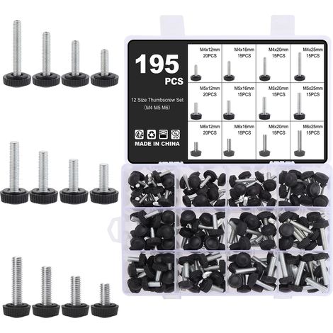 Jeu de 195 vis moletées en 12 tailles pour M4, M5, M6 Vis à tête ronde et boutons rotatifs en acier zingué Idéal pour les imprimantes 3D, les meubles, les machines et les ateliers (1/5)
