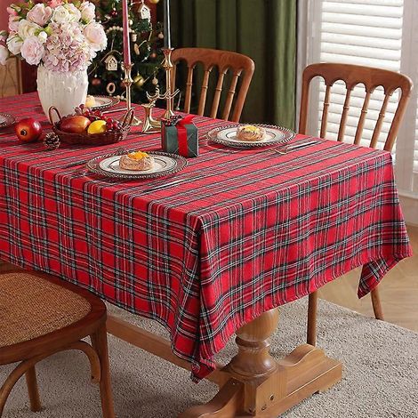 Nappe de Noël rectangulaire à carreaux rouges 2026, en polyester et coton, 90 x 90 cm, 200 g/m², idéale pour le salon ou les fêtes de fin d'année. (1/5)