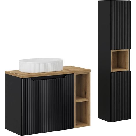 Waschtisch und Hängesäule 80.4cm Riva, Schwarz und Holzoptik