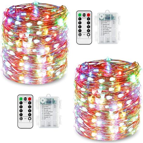Lot de 2 Guirlandes Lumineuses LED 10 m 100 8 Modes Éclairage Extérieur Fil de Cuivre à Piles Etanche IP67 avec Télécommande et Minuterie pour Éclairage Extérieur. Intérieur. Noël et Décoration