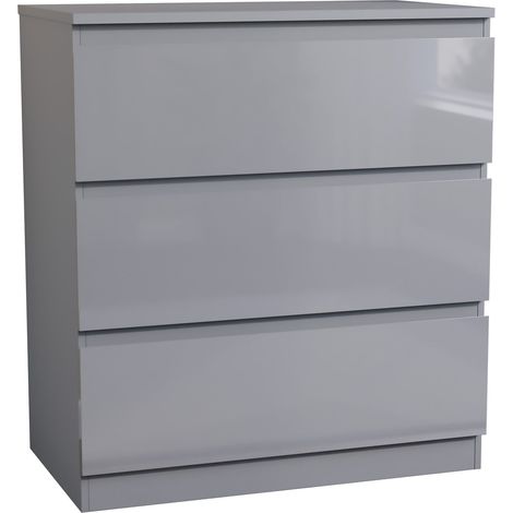 Glinton 3 Drawer Chest of Drawers High Gloss Bedroom Storage Furniture, 100% FSC, Grey