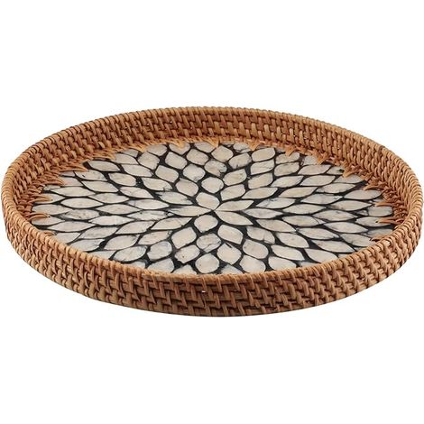 Plateau Décoratif Rond 30cm,Plateau de Service en Rotin Tressé Design Boho Rustique Adapté pour Repas,Canapé,Cuisine