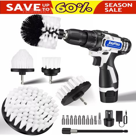 6Pcs Electric Drill Brush Attachment Power Scrubber Cleaner Scrub Cleaning Tools 2xBattery