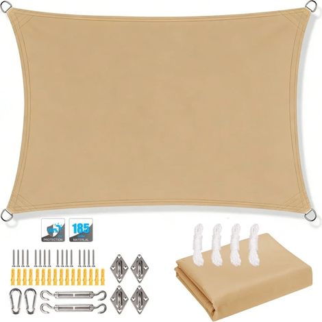 (Jaune sable, accessoires d'installation inclus, 400 x 500 cm) Auvent pare-soleil imperméable, résistant aux UV, convient aux jardins, patios et cours extérieures. (1/5)