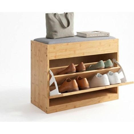 Bambus-Schuhbank mit Sitzkissen, PE-Rattan-Tür und verstellbarem Regal (1/4)