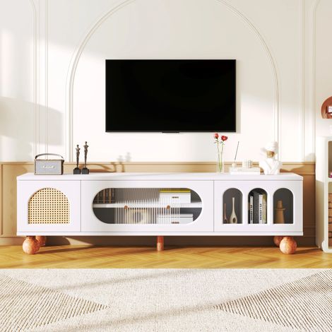Meuble TV avec Vitrine & Portes Coulissantes - Bois Massif- Portes Rotin/Vitrine-170x47x37cm