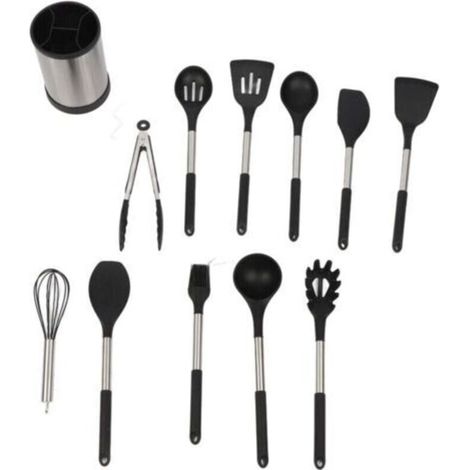 12-teiliges Küchenhelfer-Set aus Silikon mit Griffen, hitzebeständig, antihaftbeschichtet, Spatel, Löffel, spülmaschinenfest, beste Küchenhelfer (Schwarz) - Crezuo