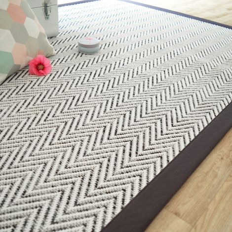 Tapis tissé plat - Java Chevron blanc - Ganse coton anthracite - 140 x 200 cm (1/5)