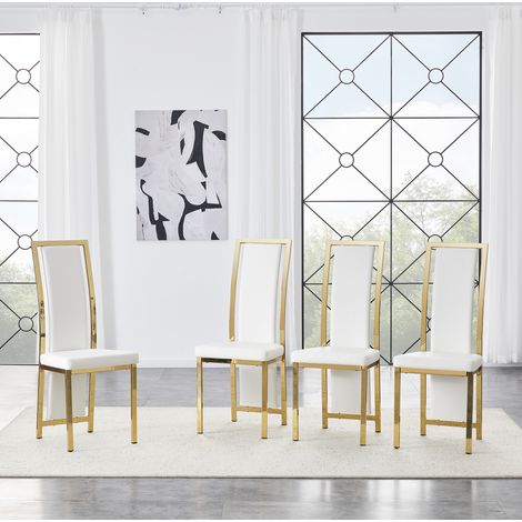 Silla de comedor pack de 4, PU blanco y metal dorado, respaldo alto 109 cm DESVIAE (1/5)