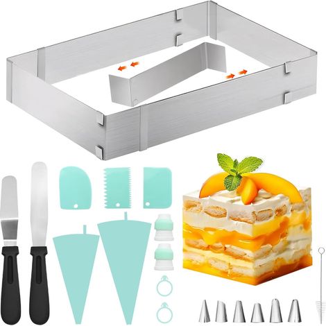 Rectangular Patisserie Frame, 2 cm High Adjustable Stainless Steel Square Cake Mould 2-53 cm x 18-34 cm Cake Mould with Divider, Scraper, Spatula, Piping Bag, Nozzles for Baking (1/5)