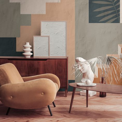 Fototapete Profhome 398951 heißgeprägte Vliestapete glatt mit architektonischen Motiven matt grün blau orange beige 3,71 m x 2,8 m