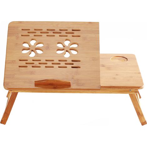 Support PC portable pliable en bambou, table de lit plateau petit-déjeuner, hauteur réglable, dessus inclinable 4 angles, tiroir, pour lecture écriture travail repas (1/2)