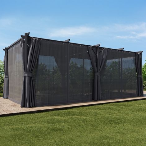 Pérgola edición especial efecto madera techo retráctil 3x6 M y 6 toldos gris antracita