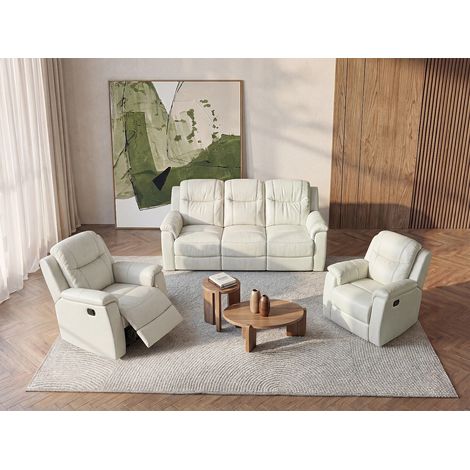 Vente-Unique – Canapé relax 3 places et 2 fauteuils EVASION en cuir de vachette – Blanc ivoire – Système de levier pour positions ajustables (1/4)