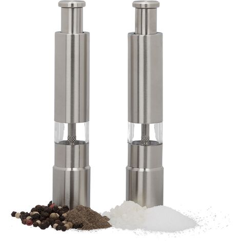 Relaxdays Manual Salt and Pepper Grinder Set of 2, Stainless Steel, Spice Mills, Portable, Handy, Silver