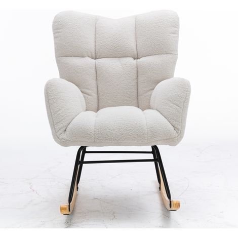 Sillón mecedora tapizado en tejido teddy blanco con respaldo capitonado (1/5)