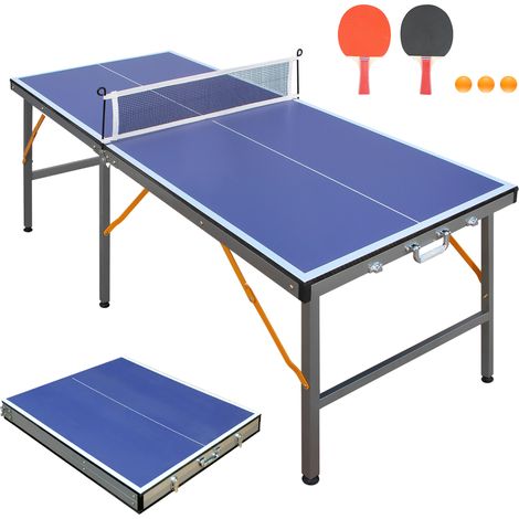 Table de ping-pong pliable bleue avec filet, 2 battes et 3 balles, usage intérieur et extérieur (1/5)