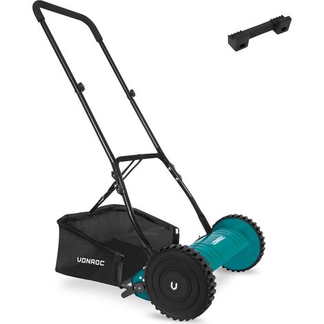 Vonroc – Tondeuse manuelle 400mm – 4 hauteurs de coupe réglables – Lames en acier 65MN – Support mural et bac de ramassage 18L inclus