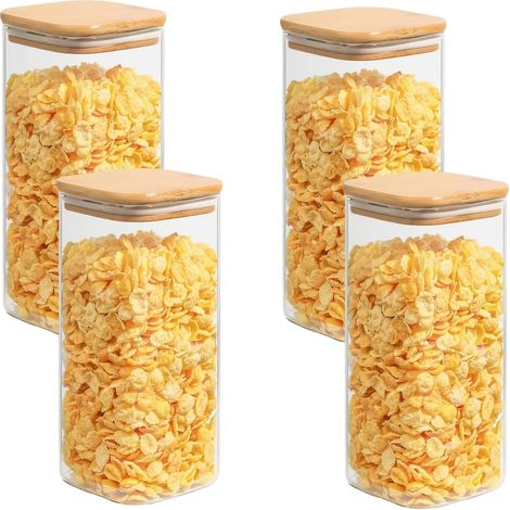 (1004 ml - 4 pièces) Bocaux carrés en verre hermétiques, rangement et organisation de la cuisine, bocaux de conservation avec couvercles en bambou (1/3)
