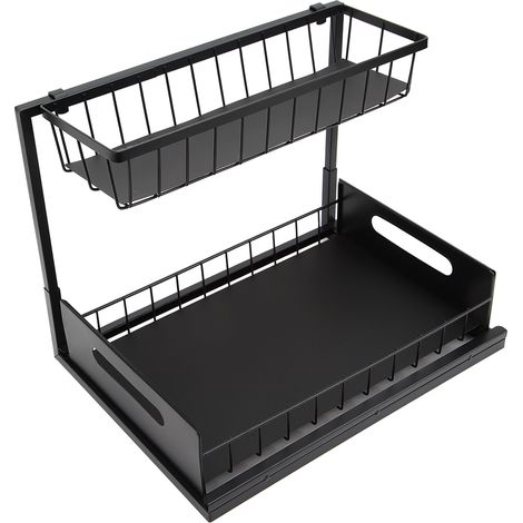2-stöckiger L-förmiger Spülbecken-Organizer, Tragkraft 22,7 kg, multifunktionaler Schiebe-Organizer für Küche und Bad, Schwarz (1/5)