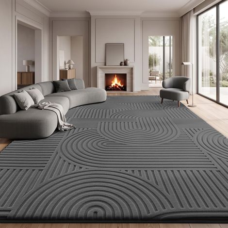 Tapis Salon 140x200cm, Tapis 3D Anthracite avec Design Circulaire, Tapis Flannel à Poils Courts Lavable, Antidérapant pour Chambre, Salle à Manger, Cuisine et Bureau (1/5)