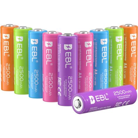 10PCS Piles AA Rechargeables, 1,2V HR6 NiMH Piles 5 Couleurs Couleur Acier, 1200 Cycles de Charge, pour Manettes de Jeu, Souris sans Fils, Lampe Torche, etc. (1/5)