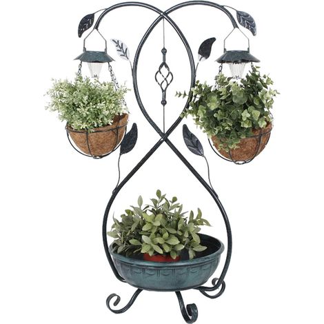 Supporto per piante solare vaso di fiori lampada da esterno decorazione da giardino luce esterna, design a viticci di fiori, acciaio, argento, grigio, H 80 cm (1/5)