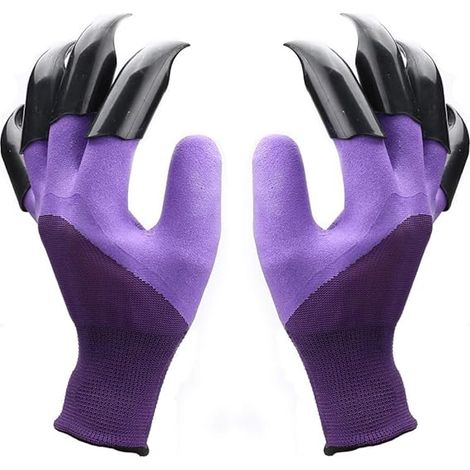 Guantes de jardinería, guantes protectores para plantar y desherbar, con garras, color morado.
