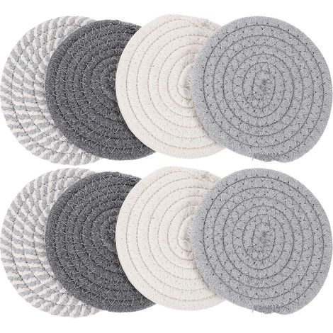 Lot de 8 dessous de verre ronds tissés en coton résistant à la chaleur pour table à manger-12.00X12.00X0.80CM (1/3)
