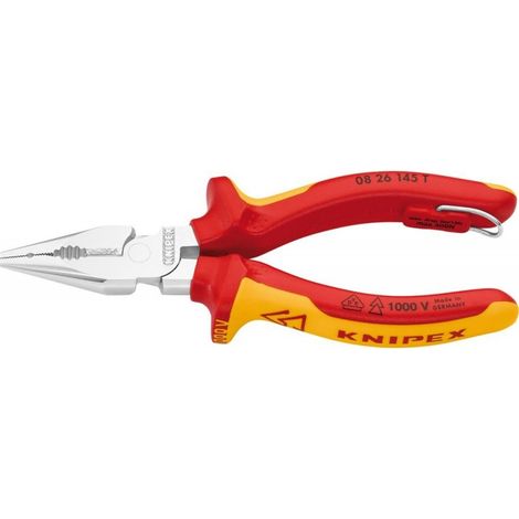 KNIPEX 08 26 145 T Pinza universale con testa a punta isolante con manici rivestiti in materiali multicomponenti, collaudati VDE con anello di fissaggio isolante incorporato per agganciare una protezi