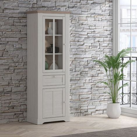 Vetrina Forma 2 Ante con Cassetto e Luci LED Rovere Bianco Neve e Olmo Scuro – Compatta e Raffinata